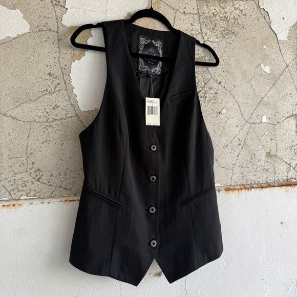 90s Guess Black Pinstripe Button Suit Vest Moto Grunge Goth Size Large NWT - Picture 3 of 8